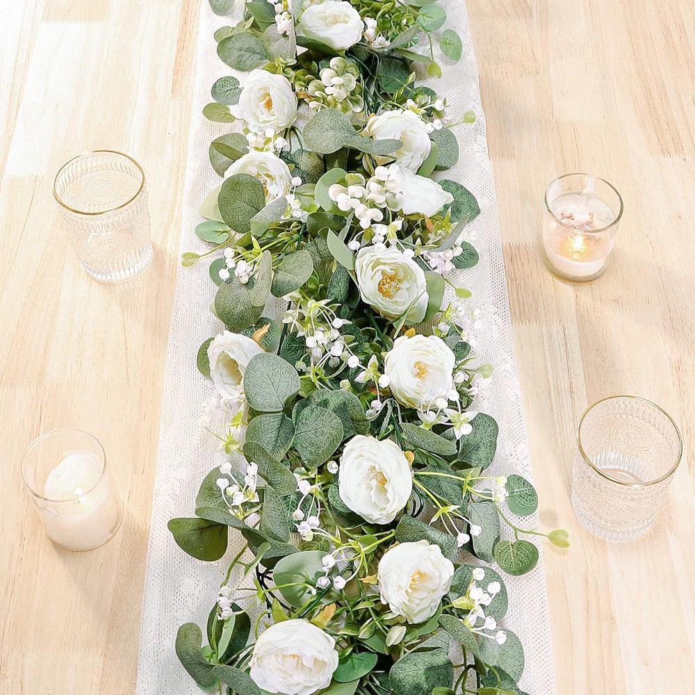 2 Pack 13Ft Artificial Eucalyptus Flower Garland with White Roses, Fake Rose