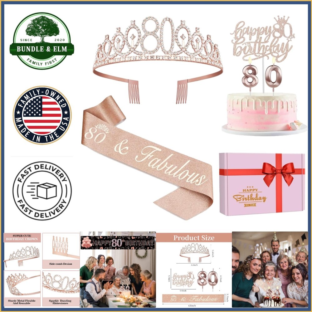 Rose Gold 80th Birthday Decorations with Crown, Sash, Cake Topper and Candles