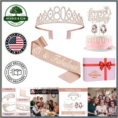 Rose Gold 80th Birthday Decorations with Crown, Sash, Cake Topper and Candles
