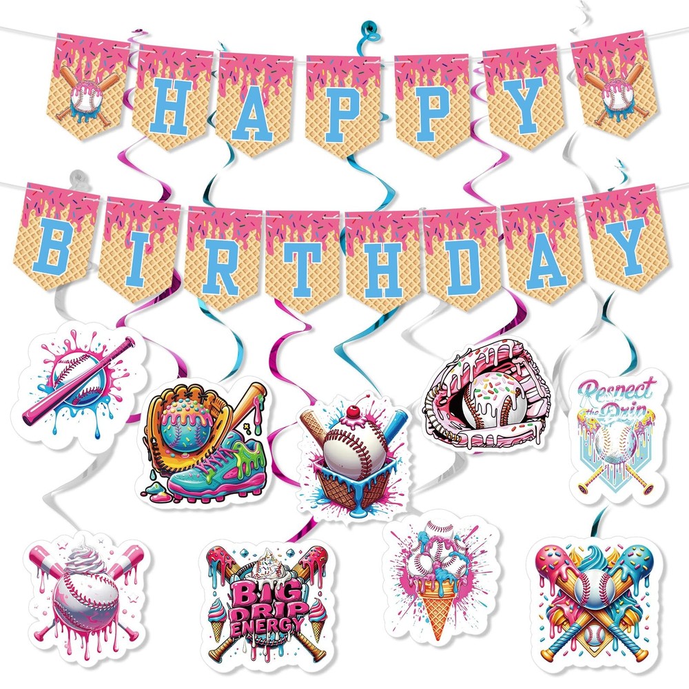 33 Pcs Ice Cream Drip Baseball Birthday Baseball Banner Sports Party Decorati…