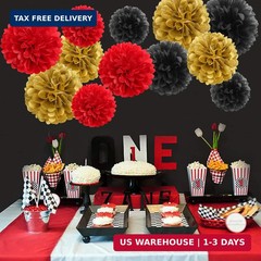 Red-Black Gold Party-Decorations Tissue Pom-Poms – 12pcs Game Night Casino-Theme