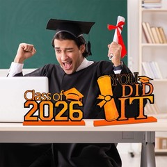 4pcs Orange and Black Graduation Decorations 2026 Wood Table Centerpieces,Happy