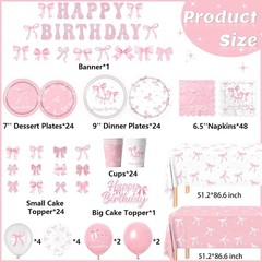 Pink Bow Birthday Party Supplies Serve 24, Coquette Birthday Decorations Incl…