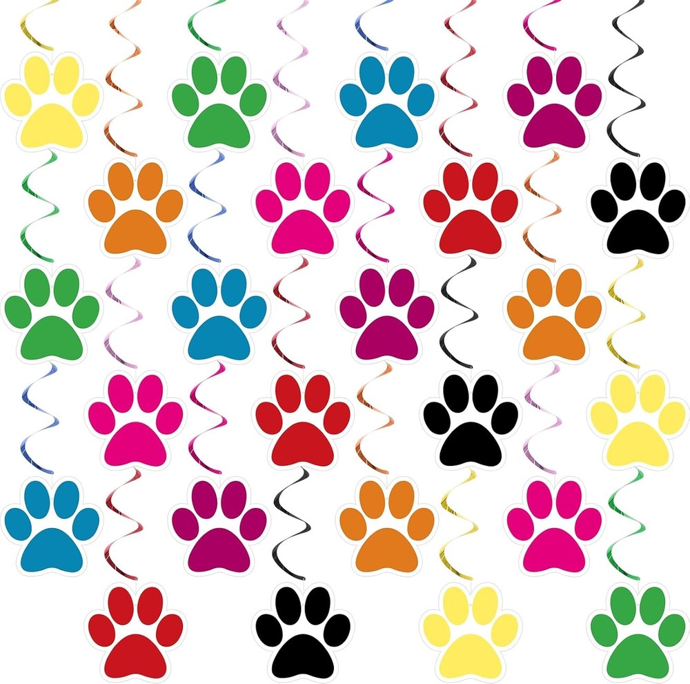 24 Pcs Dog Paw Prints Themed Party Hanging Swirl 8 Colors Puppy Multicolor