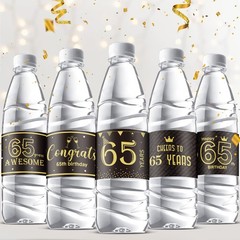 72 Pcs 65th Birthday Party Decorations – Black Gold Mini Bottle Labels & Sticker