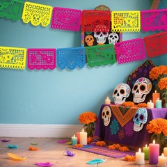 OHOME Dia De Los Muertos Decorations – Papel Picado Banner Streams Multicolor
