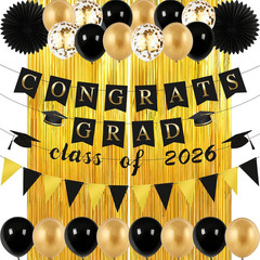 Graduation Decorations 2026, Black Gold Party Decor with Congrats Grad, Class of