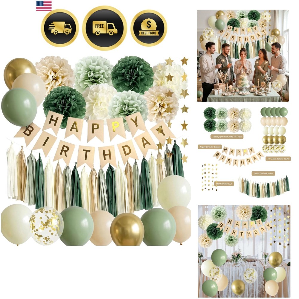 Sage Green Happy Birthday Decorations Banner Balloons Pom Poms Garland Party …