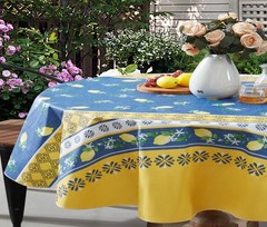 Lemon Grove Vinyl Tablecloth w/ Flannel Backing – Oval 60×84″ (Yellow/Blue)