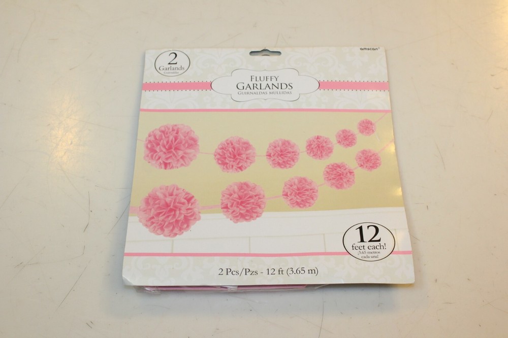 2 PINK Paper Party Garland Fluffy Pom Poms Christening Baby Shower 12 Feet Each