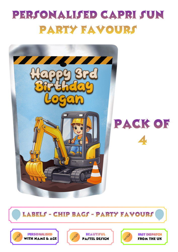 Personalised Construction Capri Sun Labels Digger Party Decorations UK