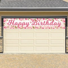 Green Leaf Pink Rose Flower Happy Birthday Decorations Party Garage Decor Banner