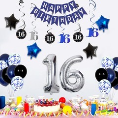 Stylish Happy Birthday Decorations with Silver Number 16 in Dark Blue Theme