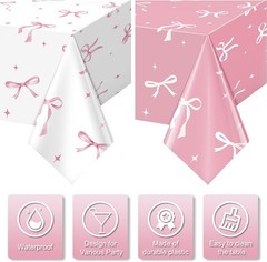 2Pcs Coquette Party Tablecloths Decorations,Pink and White Bow Plastic Table