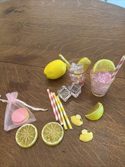 Kids Pink Lemonade Play Set Cups, Straws, Lemons, Ice, Coins