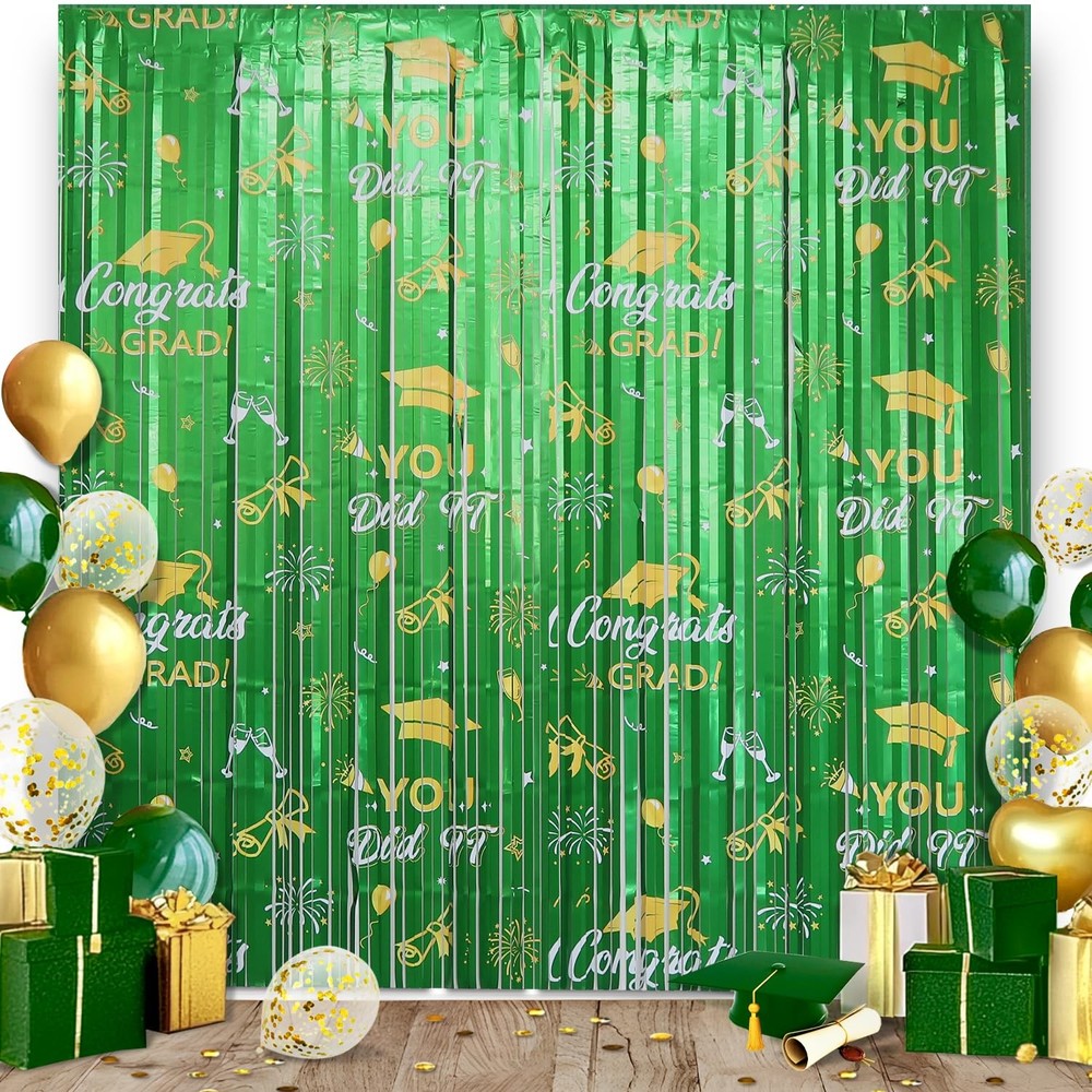 2 Pack Graduation Foil Fringe Curtain 3.3Ft x 6.6Ft Green Gold 2025 Graduation..