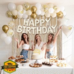 27th Birthday Decorations Women, Gold White Balloons, Cream Number 27 Pom Poms