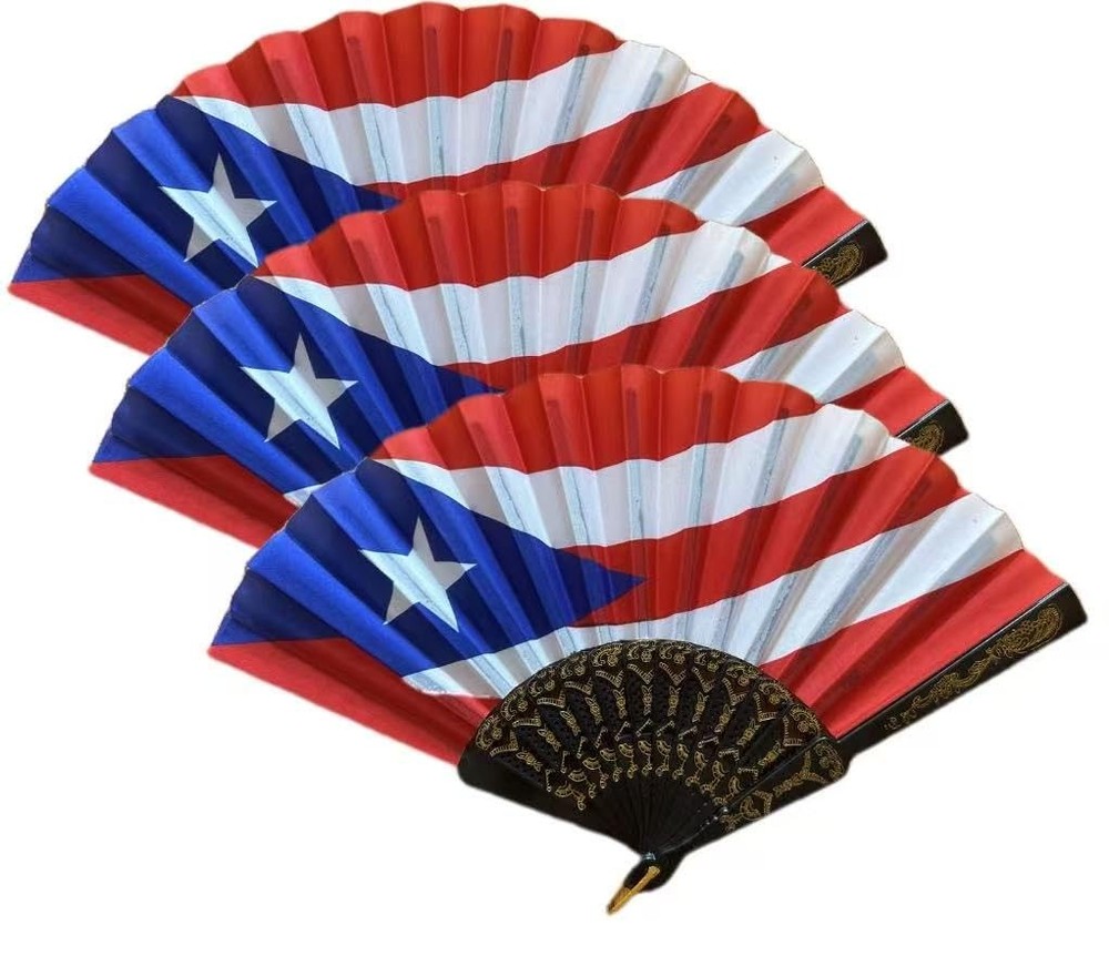 8 Inches Puerto Rico Folding Fabric Hand Fans Patriotic Country Flag Design f…