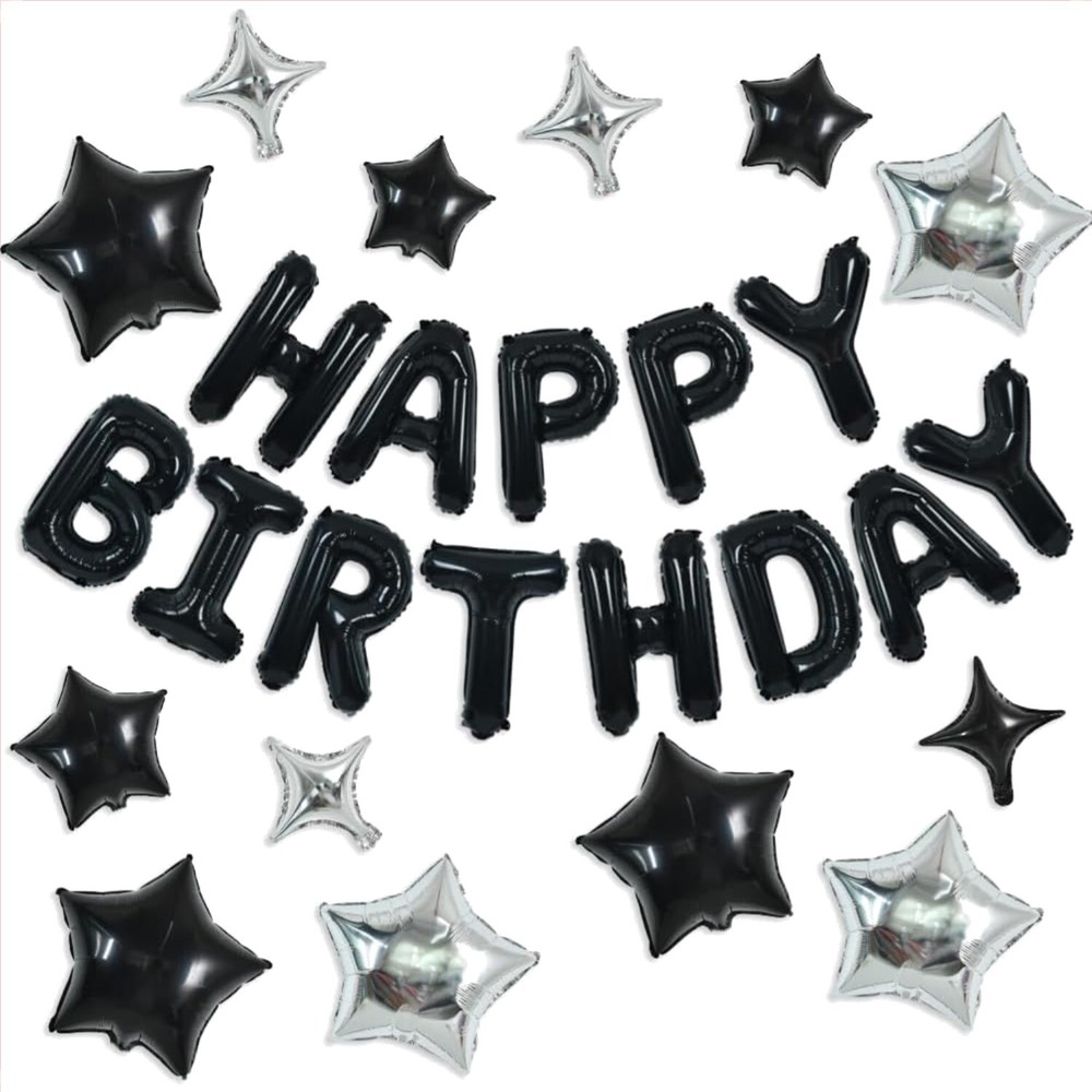 Complete Black Happy Birthday Balloon Set with 16 Inch Letter & Star Balloons