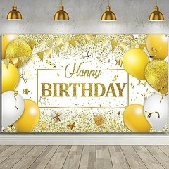 Happy Birthday Decorations Backdrop Banner for Men Women Boys White and Gold
