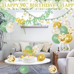 Sage Green 90th Birthday Party Decorations – Happy Banner, Gold