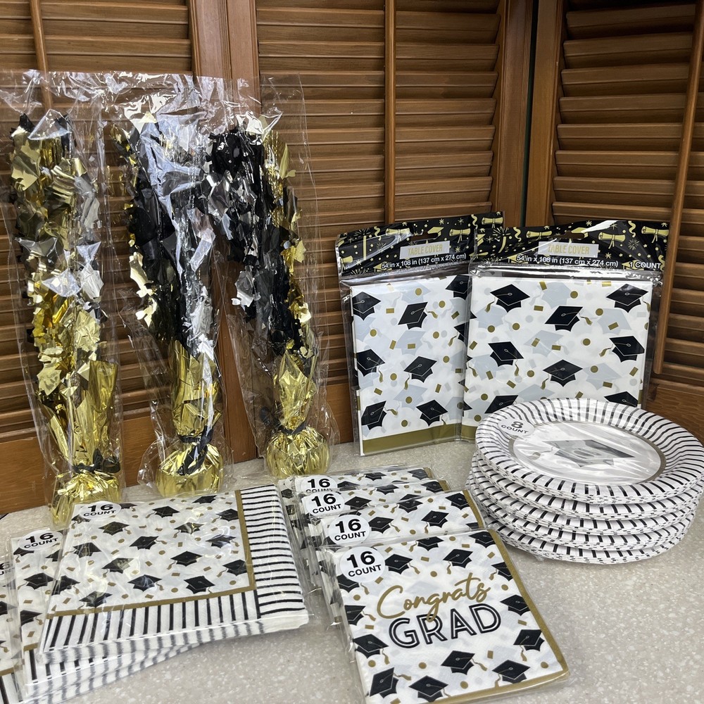 Gold White & Black Graduation-Napkins, Plates, Table Cloths & Balloon Holders