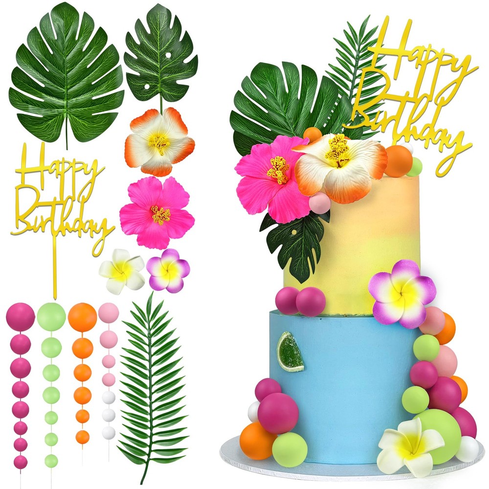 36pcs Hawaiian Flower Cake Topper with Palm Leaves and Summer Flowers Suitabl…