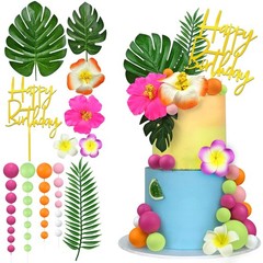 36pcs Hawaiian Flower Cake Topper with Palm Leaves and Summer Flowers Suitabl…
