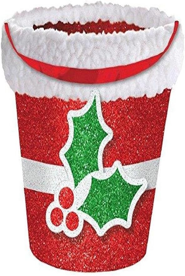 Amscan Glitter Holly Bucket with Cello Christ Party Gift Favour (1 Set), Multi C