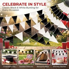 130FT Black White Triangle Pennant Banner Flag Metallic Fabric Bunting Garlan…
