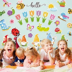 JarThenaAMCS 54Pcs Hello Spring Cutouts Tulip Flower Gnome Butterfly Bee Pape…