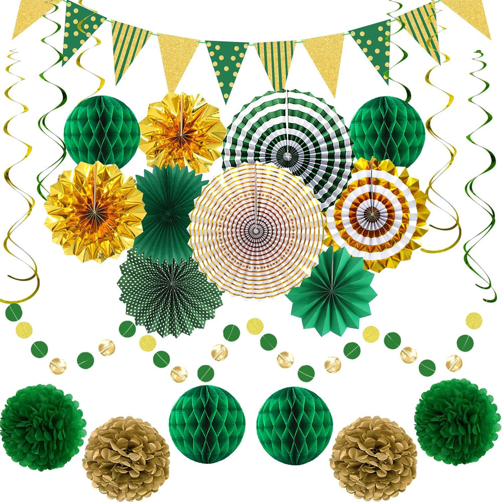 Green Gold Party Decorations, Graduation Season Hanging Glitter Triangle Flags B