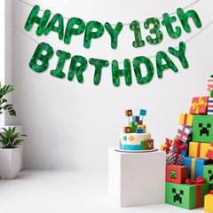 Green Pixel Birthday Banner, Pre-strung Minecraft Party Banner Video Game 13th