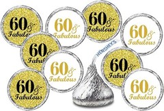 60 & Fabulous Birthday Gold Kisses Stickers, (Set of 216) Chocolate Drops Labels
