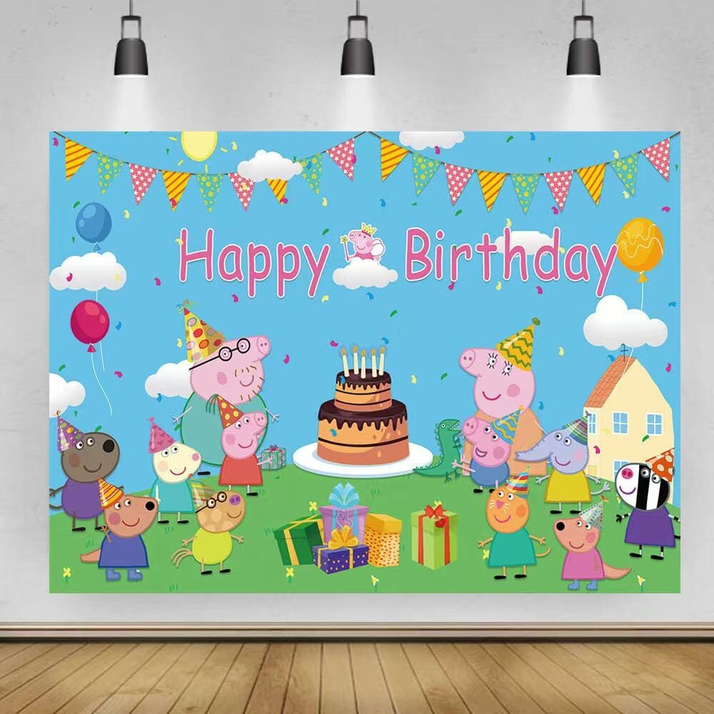 Peppa Pig Happy Birthday Backdrop 5×3.5ft , for Kids Birthday Party Decoration
