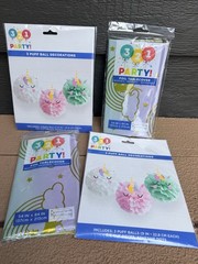Unicorn Birthday Party Decorations Lot Tablecloths & Puff Ball Hanging Decor