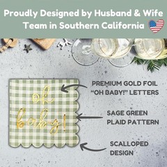 Oh Baby’ Baby Shower Decorations, 50 Pack, Gold Oh Baby Napkins in Plaid Sage