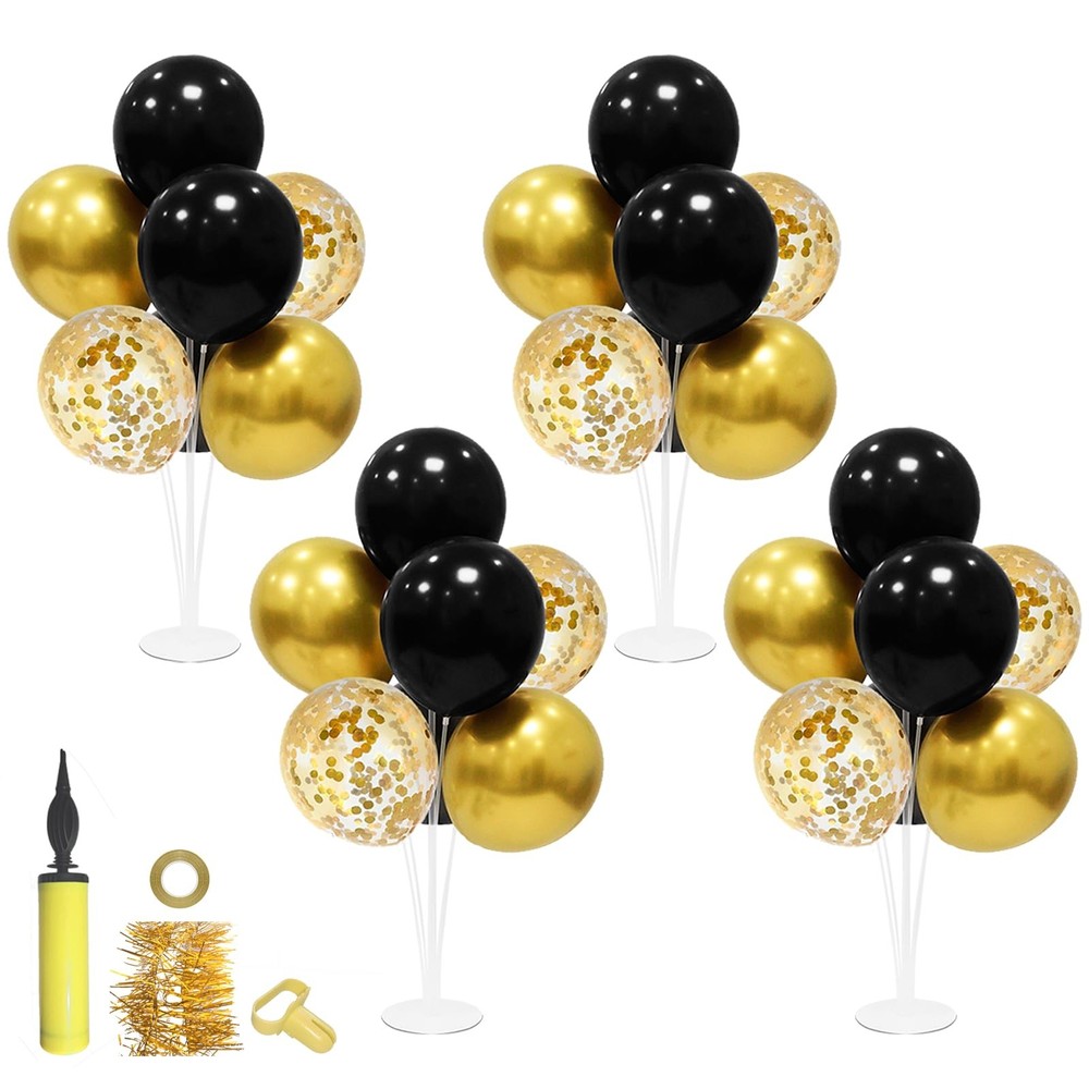 Centros de mesa con soporte para globos y decoraciones fiestas en negro y dorado