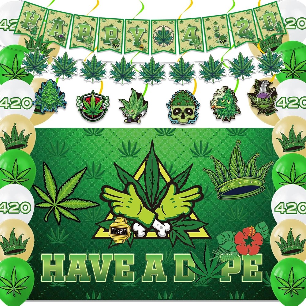 420 Decorations for Weed Party with Banner Balloons Backdrop & Hanging Swirls