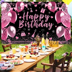Pink & Black Happy Birthday Banner Backdrop 6×3.6ft Party Decoration