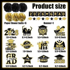 Black and Gold Graduation Decorations, 2026 Grad Banner and Congrats Grad Han…