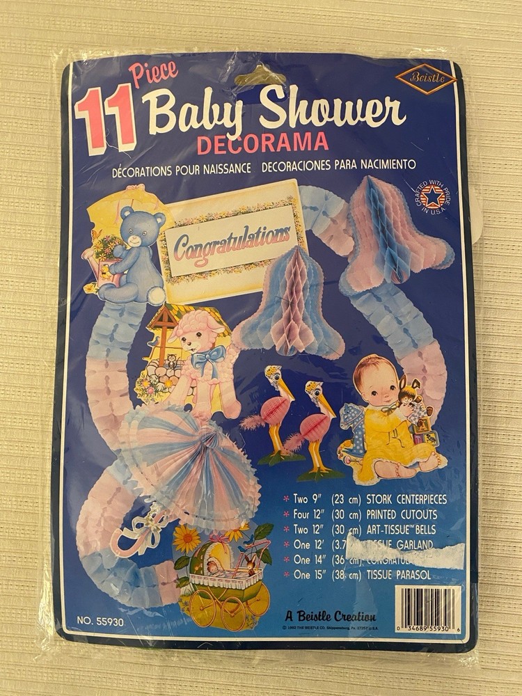 Beistle Baby Shower Decorama 11pc Set Vintage 70s Honeycomb Tissue Paper Retro