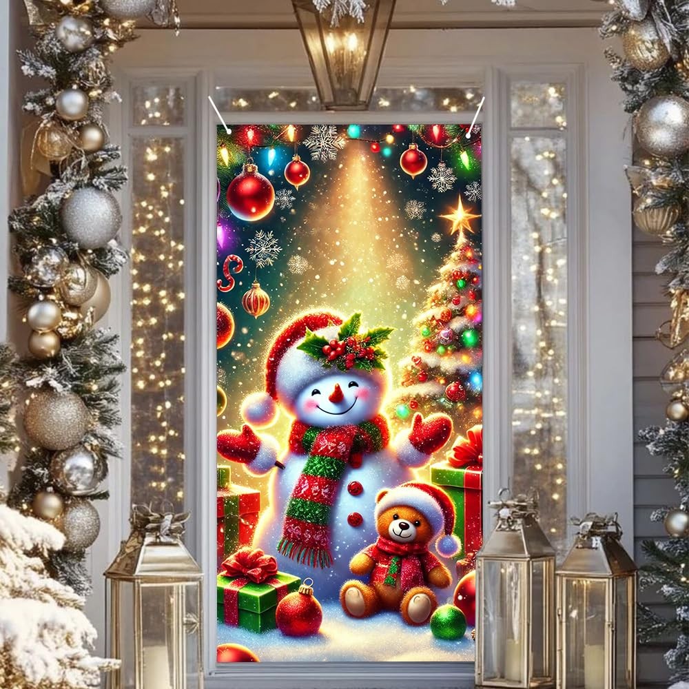 2D Flat 71×35 Inch Christmas Door Cover with Snowman Teddy Bear Christmas Tre…