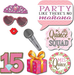 Quinceanera Photo Booth Props – 41-Pc Photobooth Kit with 8 X 10-Inch Sign