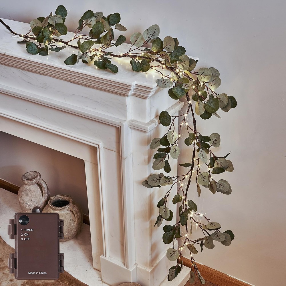 Lighted Eucalyptus Garland Battery Operated with Timer 6FT 96 LED Artificial