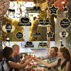 16 PCS Black Gold Happy Wedding Anniversary Hanging Swirls 30th60th Decor