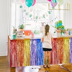 2 Pack Metallic Tinsel Foil Fringe Table Skirts for Rectangle & Round Tables Hot
