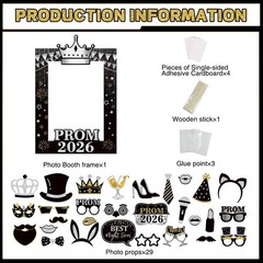 30 PCS 2026 Prom Photo Booth Props Frame Black Gold Silver Graduation Decor