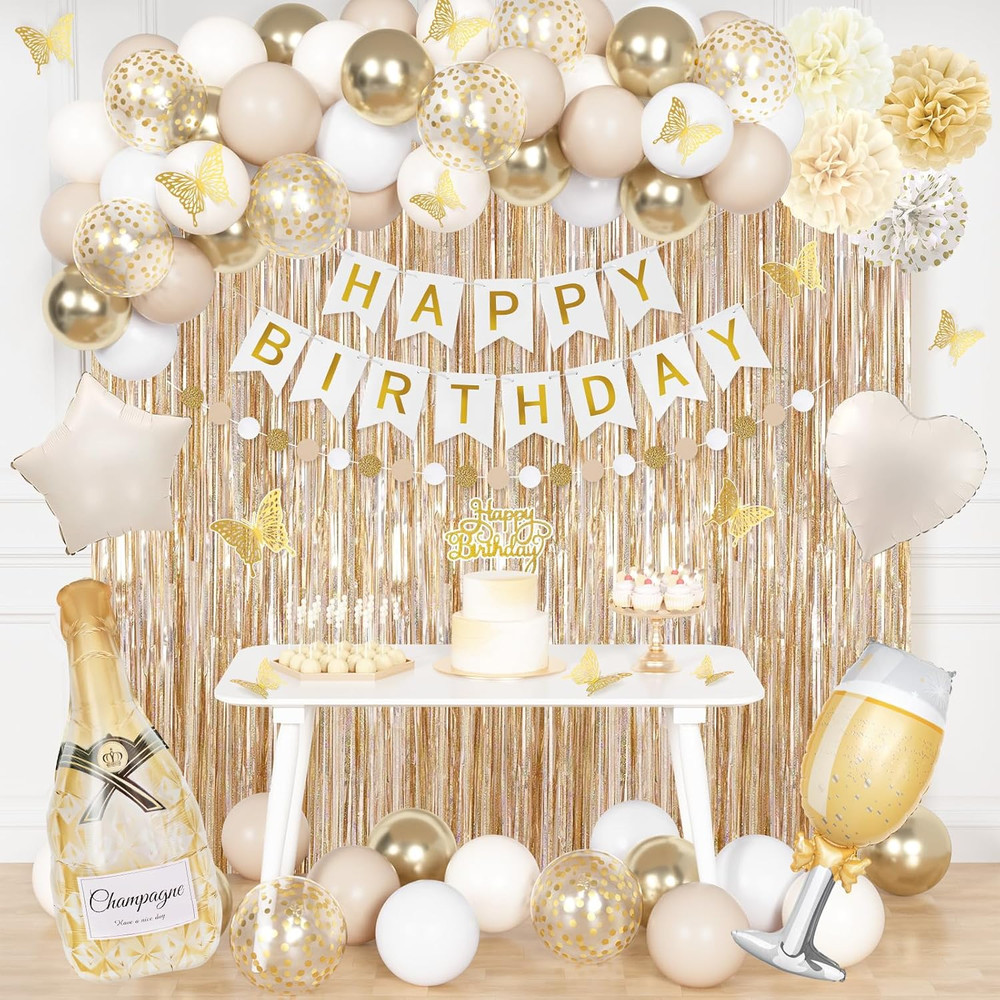 White Gold Birthday Party Decorations Kit for Women Girls, Happy Birthday Banner