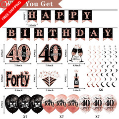 40th Birthday Decorations for Women, Happy Black Rose Gold